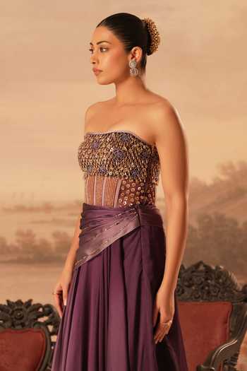 Buy_Kiran Kalsi_Purple Organza, Satin Bandeau Neck Hand Embroidered Blouse Lehenga Set _Online_at_Aza_Fashions