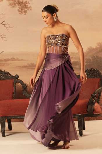 Shop_Kiran Kalsi_Purple Organza, Satin Bandeau Neck Hand Embroidered Blouse Lehenga Set _Online_at_Aza_Fashions