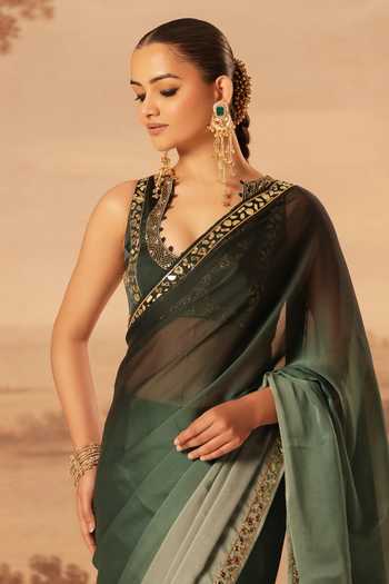 Shop_Kiran Kalsi_Green Organza, Satin V-neck Embroidered Saree And Blouse Set _Online_at_Aza_Fashions