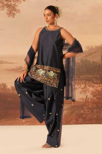 Kiran Kalsi_Navy Taffeta Embroidered Kurta Set _Online_at_Aza_Fashions