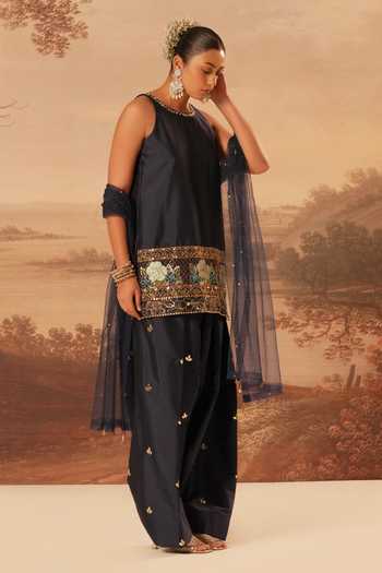 Buy_Kiran Kalsi_Navy Taffeta Embroidered Kurta Set _Online_at_Aza_Fashions