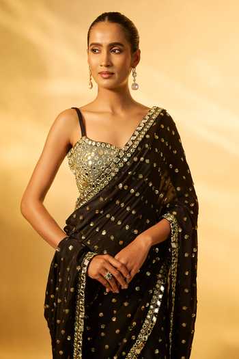 Vana Ethnics_Black Chinon Square Neck Mirror Embroidered Pre-draped Saree Set _Online_at_Aza_Fashions