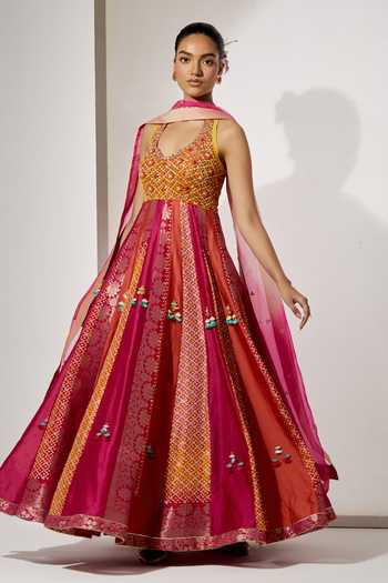 Aum By Asit And Ashima_Wine Silk Halter Neck Amber Gulzar Woven Anarkali With Dupatta _Online_at_Aza_Fashions