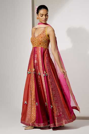 Buy_Aum By Asit And Ashima_Wine Silk Halter Neck Amber Gulzar Woven Anarkali With Dupatta _Online_at_Aza_Fashions