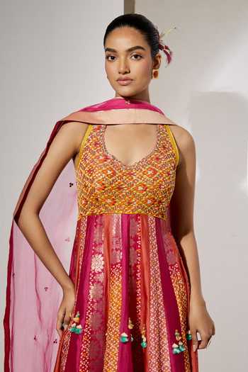 Shop_Aum By Asit And Ashima_Wine Silk Halter Neck Amber Gulzar Woven Anarkali With Dupatta _Online_at_Aza_Fashions