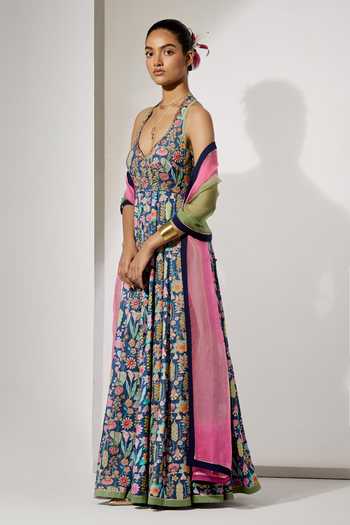 Aum By Asit And Ashima Blue Silk V-, Halter Midnight Bloom Print Anarkali With Dupatta Online at Aza Fashions Aum By Asit And Ashima_Blue Silk V-, Halter Midnight Bloom Print Anarkali With Dupatta _Online_at_Aza_Fashions