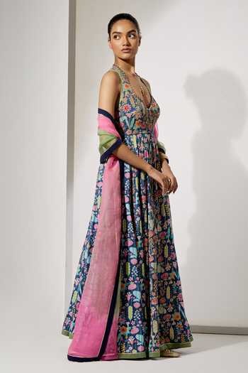 Buy Aum By Asit And Ashima Blue Silk V-, Halter Midnight Bloom Print Anarkali With Dupatta Online at Aza Fashions Buy_Aum By Asit And Ashima_Blue Silk V-, Halter Midnight Bloom Print Anarkali With Dupatta _Online_at_Aza_Fashions