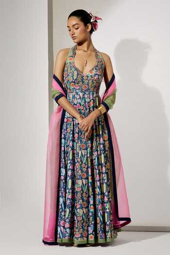 Aum By Asit And Ashima Midnight Bloom Print Anarkali With Dupatta 