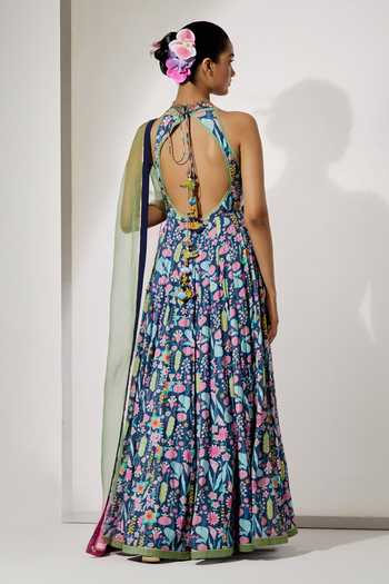 Aum By Asit And Ashima Midnight Bloom Print Anarkali With Dupatta 