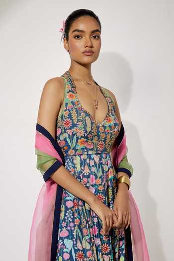 Shop Aum By Asit And Ashima Blue Silk V-, Halter Midnight Bloom Print Anarkali With Dupatta Online at Aza Fashions Shop_Aum By Asit And Ashima_Blue Silk V-, Halter Midnight Bloom Print Anarkali With Dupatta _Online_at_Aza_Fashions