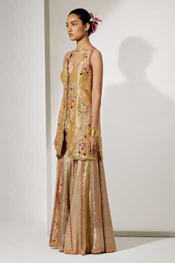 Aum By Asit And Ashima Gold Silk, Brocade V-neck Sunheri Gul Embroidered Kurta And Sharara Set Online at Aza Fashions Aum By Asit And Ashima_Gold Silk, Brocade V-neck Sunheri Gul Embroidered Kurta And Sharara Set _Online_at_Aza_Fashions