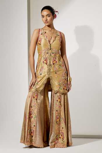 Aum By Asit And Ashima Sunheri Gul Silk Embroidered Kurta & Sharara Set 