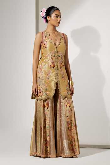 Buy Aum By Asit And Ashima Gold Silk, Brocade V-neck Sunheri Gul Embroidered Kurta And Sharara Set Online at Aza Fashions Buy_Aum By Asit And Ashima_Gold Silk, Brocade V-neck Sunheri Gul Embroidered Kurta And Sharara Set _Online_at_Aza_Fashions