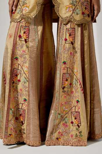 Aum By Asit And Ashima Gold Silk, Brocade V-neck Sunheri Gul Embroidered Kurta And Sharara Set at Aza Fashions Aum By Asit And Ashima_Gold Silk, Brocade V-neck Sunheri Gul Embroidered Kurta And Sharara Set _at_Aza_Fashions
