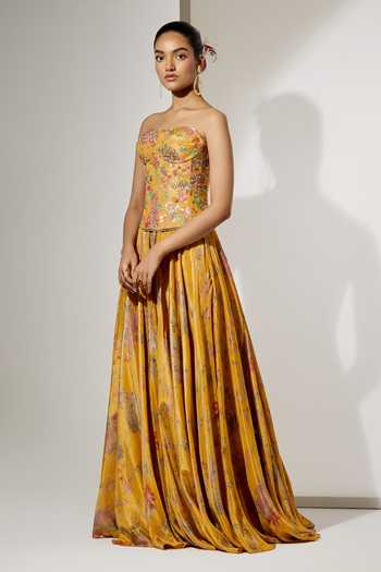 Shop Aum By Asit And Ashima Yellow Satin Embroidery, Sequins Bandeau Sunlit Bloom Print Corset And Skirt Set Online at Aza Fashions Shop_Aum By Asit And Ashima_Yellow Satin Embroidery, Sequins Bandeau Sunlit Bloom Print Corset And Skirt Set _Online_at_Aza_Fashions