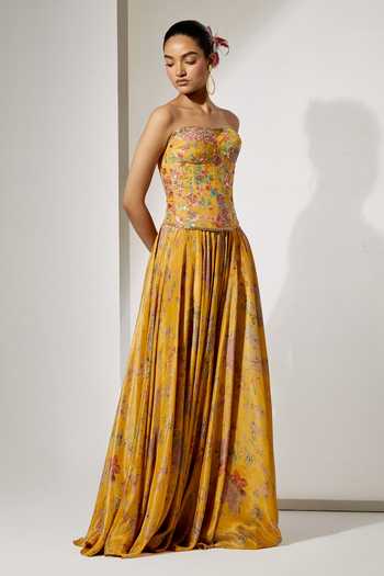 Aum By Asit And Ashima Yellow Satin Embroidery, Sequins Bandeau Sunlit Bloom Print Corset And Skirt Set at Aza Fashions Aum By Asit And Ashima_Yellow Satin Embroidery, Sequins Bandeau Sunlit Bloom Print Corset And Skirt Set _at_Aza_Fashions
