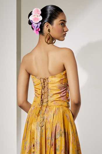 Buy Aum By Asit And Ashima Yellow Satin Embroidery, Sequins Bandeau Sunlit Bloom Print Corset And Skirt Set Buy_Aum By Asit And Ashima_Yellow Satin Embroidery, Sequins Bandeau Sunlit Bloom Print Corset And Skirt Set