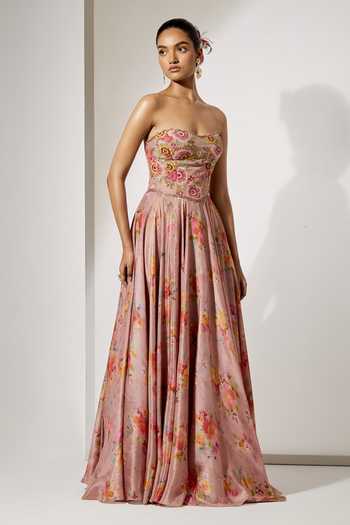 Aum By Asit And Ashima Pink Satin Embroidery, Zari Bandeau Neck Floral Print Corset With Skirt Online at Aza Fashions Aum By Asit And Ashima_Pink Satin Embroidery, Zari Bandeau Neck Floral Print Corset With Skirt _Online_at_Aza_Fashions