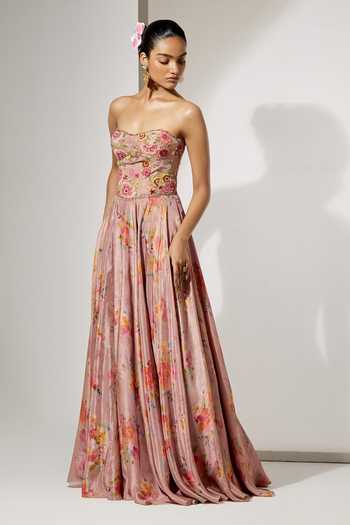 Buy Aum By Asit And Ashima Pink Satin Embroidery, Zari Bandeau Neck Floral Print Corset With Skirt Online at Aza Fashions Buy_Aum By Asit And Ashima_Pink Satin Embroidery, Zari Bandeau Neck Floral Print Corset With Skirt _Online_at_Aza_Fashions