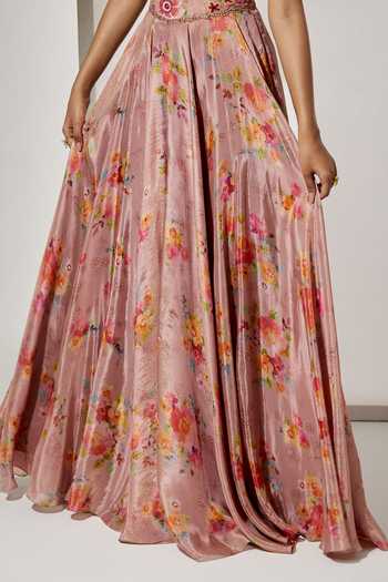 Shop Aum By Asit And Ashima Pink Satin Embroidery, Zari Bandeau Neck Floral Print Corset With Skirt Online at Aza Fashions Shop_Aum By Asit And Ashima_Pink Satin Embroidery, Zari Bandeau Neck Floral Print Corset With Skirt _Online_at_Aza_Fashions