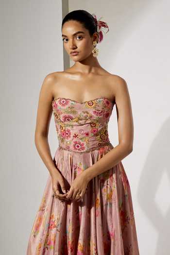 Aum By Asit And Ashima Pink Satin Embroidery, Zari Bandeau Neck Floral Print Corset With Skirt at Aza Fashions Aum By Asit And Ashima_Pink Satin Embroidery, Zari Bandeau Neck Floral Print Corset With Skirt _at_Aza_Fashions