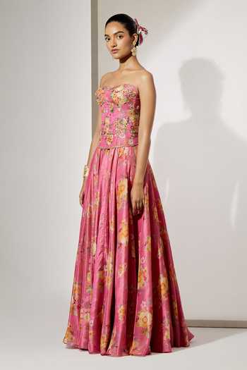 Aum By Asit And Ashima_Pink Satin Embroidery, Sequins Sweetheart Neck Flower Print Corset And Skirt Set _Online_at_Aza_Fashions