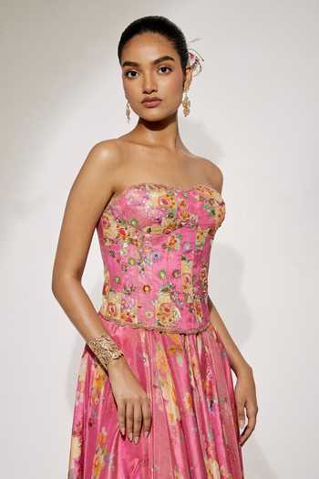 Buy_Aum By Asit And Ashima_Pink Satin Embroidery, Sequins Sweetheart Neck Flower Print Corset And Skirt Set _Online_at_Aza_Fashions