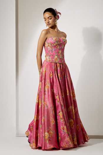 Shop_Aum By Asit And Ashima_Pink Satin Embroidery, Sequins Sweetheart Neck Flower Print Corset And Skirt Set _Online_at_Aza_Fashions
