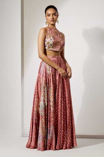 Aum By Asit And Ashima Pink Satin Halter Neck Rosewood Printed Blouse And Skirt Set Online at Aza Fashions Aum By Asit And Ashima_Pink Satin Halter Neck Rosewood Printed Blouse And Skirt Set _Online_at_Aza_Fashions