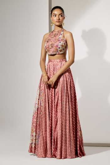 Buy Aum By Asit And Ashima Pink Satin Halter Neck Rosewood Printed Blouse And Skirt Set Online at Aza Fashions Buy_Aum By Asit And Ashima_Pink Satin Halter Neck Rosewood Printed Blouse And Skirt Set _Online_at_Aza_Fashions