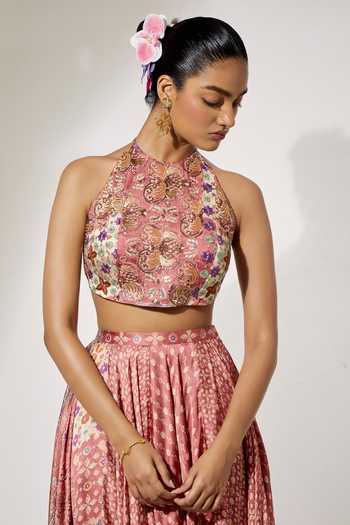 Shop Aum By Asit And Ashima Pink Satin Halter Neck Rosewood Printed Blouse And Skirt Set Online at Aza Fashions Shop_Aum By Asit And Ashima_Pink Satin Halter Neck Rosewood Printed Blouse And Skirt Set _Online_at_Aza_Fashions