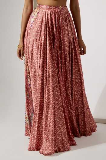 Aum By Asit And Ashima Pink Satin Halter Neck Rosewood Printed Blouse And Skirt Set at Aza Fashions Aum By Asit And Ashima_Pink Satin Halter Neck Rosewood Printed Blouse And Skirt Set _at_Aza_Fashions