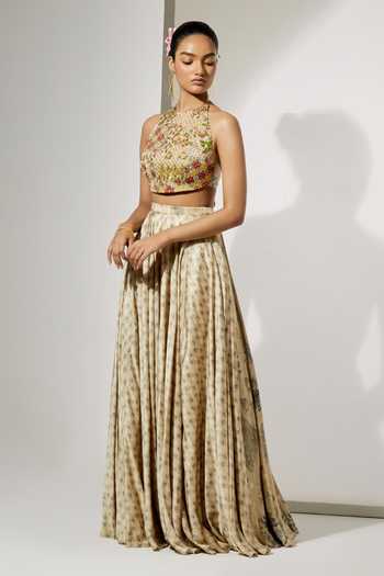 Aum By Asit And Ashima_Ivory Silk Halter Neck Bloom Print Blouse And Skirt Set _Online_at_Aza_Fashions