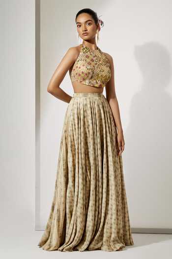 Buy_Aum By Asit And Ashima_Ivory Silk Halter Neck Bloom Print Blouse And Skirt Set _Online_at_Aza_Fashions