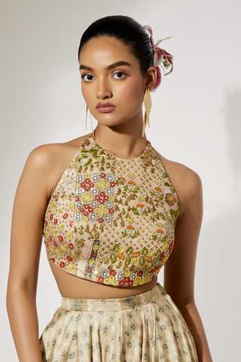 Shop_Aum By Asit And Ashima_Ivory Silk Halter Neck Bloom Print Blouse And Skirt Set _Online_at_Aza_Fashions