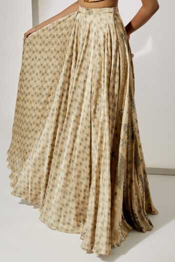 Aum By Asit And Ashima_Ivory Silk Halter Neck Bloom Print Blouse And Skirt Set _at_Aza_Fashions