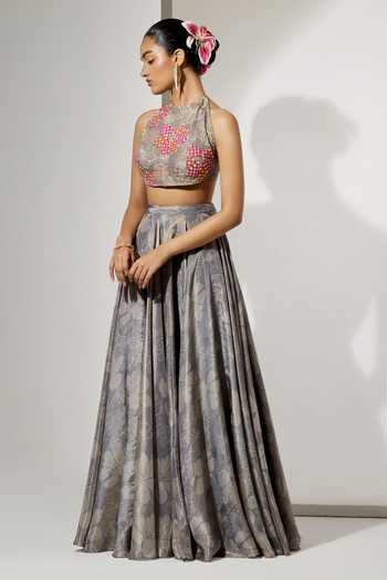 Aum By Asit And Ashima Grey Silk Halter Neck Midnight Bloom Print Blouse And Skirt Set Online at Aza Fashions Aum By Asit And Ashima_Grey Silk Halter Neck Midnight Bloom Print Blouse And Skirt Set _Online_at_Aza_Fashions