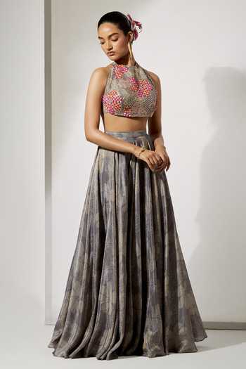Buy Aum By Asit And Ashima Grey Silk Halter Neck Midnight Bloom Print Blouse And Skirt Set Online at Aza Fashions Buy_Aum By Asit And Ashima_Grey Silk Halter Neck Midnight Bloom Print Blouse And Skirt Set _Online_at_Aza_Fashions