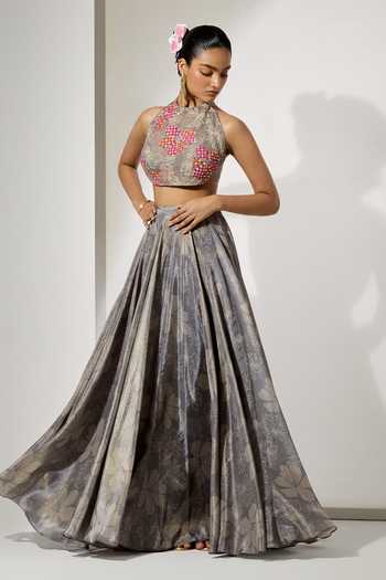 Aum By Asit And Ashima Midnight Bloom Print Blouse & Skirt Set 