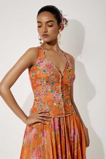 Aum By Asit And Ashima Orange Embroidery, Sequins V-neck Printed Corset And Skirt Set Online at Aza Fashions Aum By Asit And Ashima_Orange Embroidery, Sequins V-neck Printed Corset And Skirt Set _Online_at_Aza_Fashions