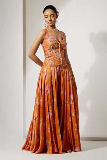 Buy Aum By Asit And Ashima Orange Embroidery, Sequins V-neck Printed Corset And Skirt Set Online at Aza Fashions Buy_Aum By Asit And Ashima_Orange Embroidery, Sequins V-neck Printed Corset And Skirt Set _Online_at_Aza_Fashions