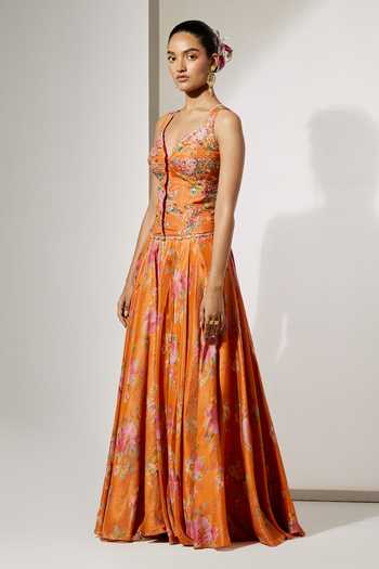 Shop Aum By Asit And Ashima Orange Embroidery, Sequins V-neck Printed Corset And Skirt Set Online at Aza Fashions Shop_Aum By Asit And Ashima_Orange Embroidery, Sequins V-neck Printed Corset And Skirt Set _Online_at_Aza_Fashions