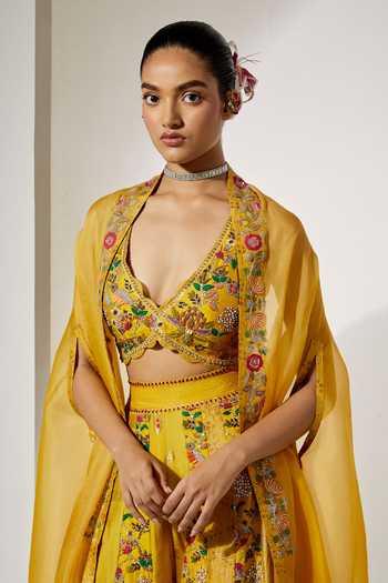 Aum By Asit And Ashima Yellow Silk, Brocade V-, Plunge Sunlit Royale Embroidered Sharara Set Online at Aza Fashions Aum By Asit And Ashima_Yellow Silk, Brocade V-, Plunge Sunlit Royale Embroidered Sharara Set _Online_at_Aza_Fashions