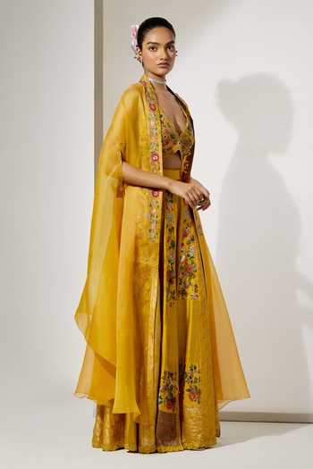 Shop Aum By Asit And Ashima Yellow Silk, Brocade V-, Plunge Sunlit Royale Embroidered Sharara Set Online at Aza Fashions Shop_Aum By Asit And Ashima_Yellow Silk, Brocade V-, Plunge Sunlit Royale Embroidered Sharara Set _Online_at_Aza_Fashions