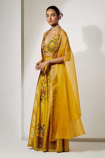 Aum By Asit And Ashima Yellow Silk, Brocade V-, Plunge Sunlit Royale Embroidered Sharara Set at Aza Fashions Aum By Asit And Ashima_Yellow Silk, Brocade V-, Plunge Sunlit Royale Embroidered Sharara Set _at_Aza_Fashions