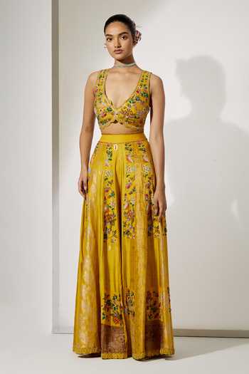 Buy Aum By Asit And Ashima Yellow Silk, Brocade V-, Plunge Sunlit Royale Embroidered Sharara Set Buy_Aum By Asit And Ashima_Yellow Silk, Brocade V-, Plunge Sunlit Royale Embroidered Sharara Set