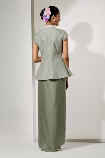 Aum By Asit And Ashima Sage Foil Top & Draped Skirt Set 