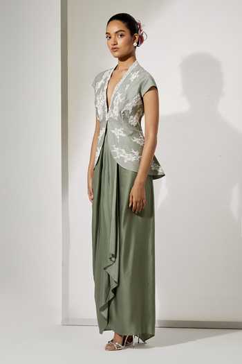 Aum By Asit And Ashima Green Silk, Satin Plunge Neck Sage Foil Top And Draped Skirt Set Online at Aza Fashions Aum By Asit And Ashima_Green Silk, Satin Plunge Neck Sage Foil Top And Draped Skirt Set _Online_at_Aza_Fashions
