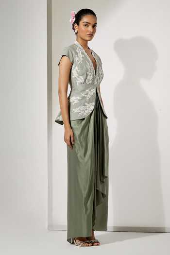 Buy Aum By Asit And Ashima Green Silk, Satin Plunge Neck Sage Foil Top And Draped Skirt Set Online at Aza Fashions Buy_Aum By Asit And Ashima_Green Silk, Satin Plunge Neck Sage Foil Top And Draped Skirt Set _Online_at_Aza_Fashions