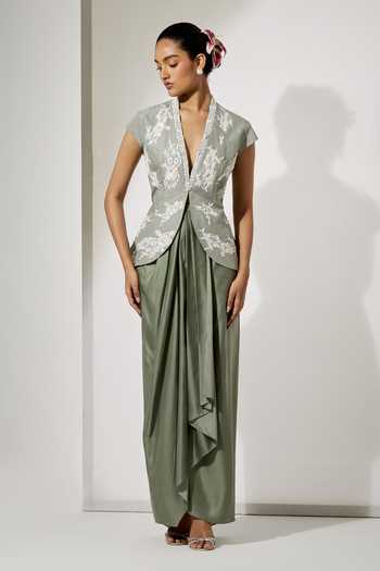 Aum By Asit And Ashima Sage Foil Top & Draped Skirt Set 